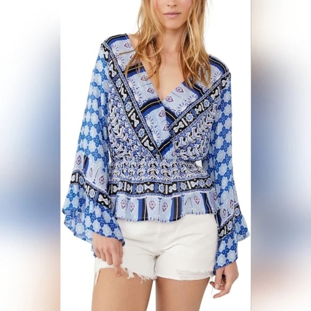 Free People - Rosalie Fun Indigo Combo Wrap Boho Colorful Blouse Size Medium